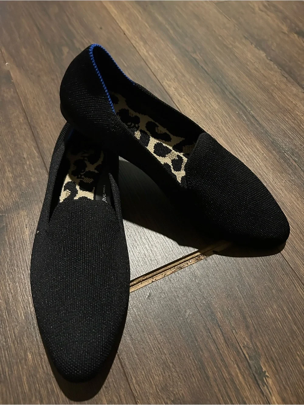 Rothy's Black Knit Slip-On Sandals with Blue Trim